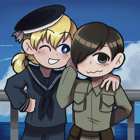 Two characters, half body, detailed background