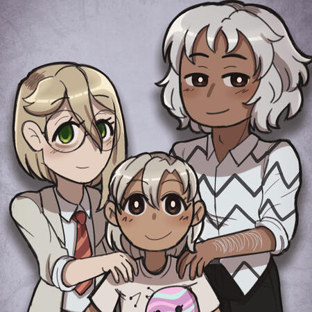 Three subjects, all in 3/4 view, simple background.