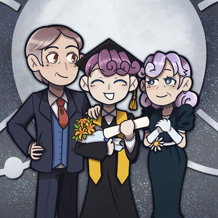 Three characters, 3/4 body, simple background