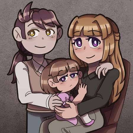 Three characters, with two in 3/4 body and one in full body, and simple background.