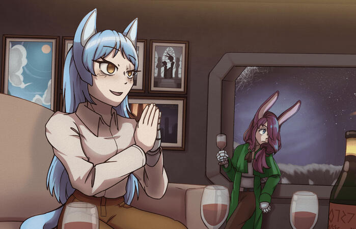 Two characters, detailed background.