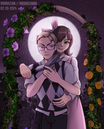 Two characters with props, detailed background.