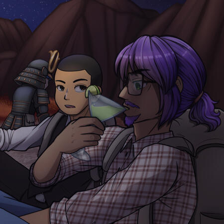 Four people (three fullbody and one half-body), in a detailed background consisting of mountains and a nightsky with a moon and a planet.