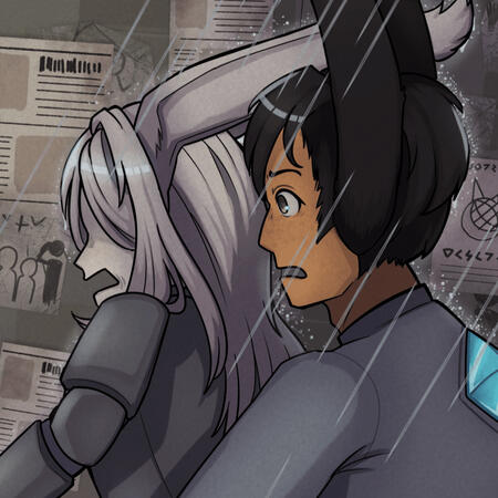 Four characters, two fullbody and two half-body, with detailed background.