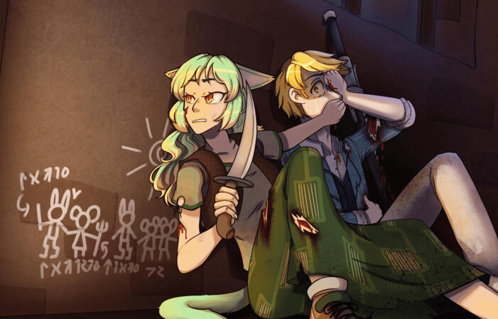 Two characters, detailed background.